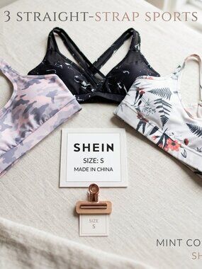 Set of 3 - Women's Straight-Strap Sports Bras - Pink, White, Black, SHEIN S